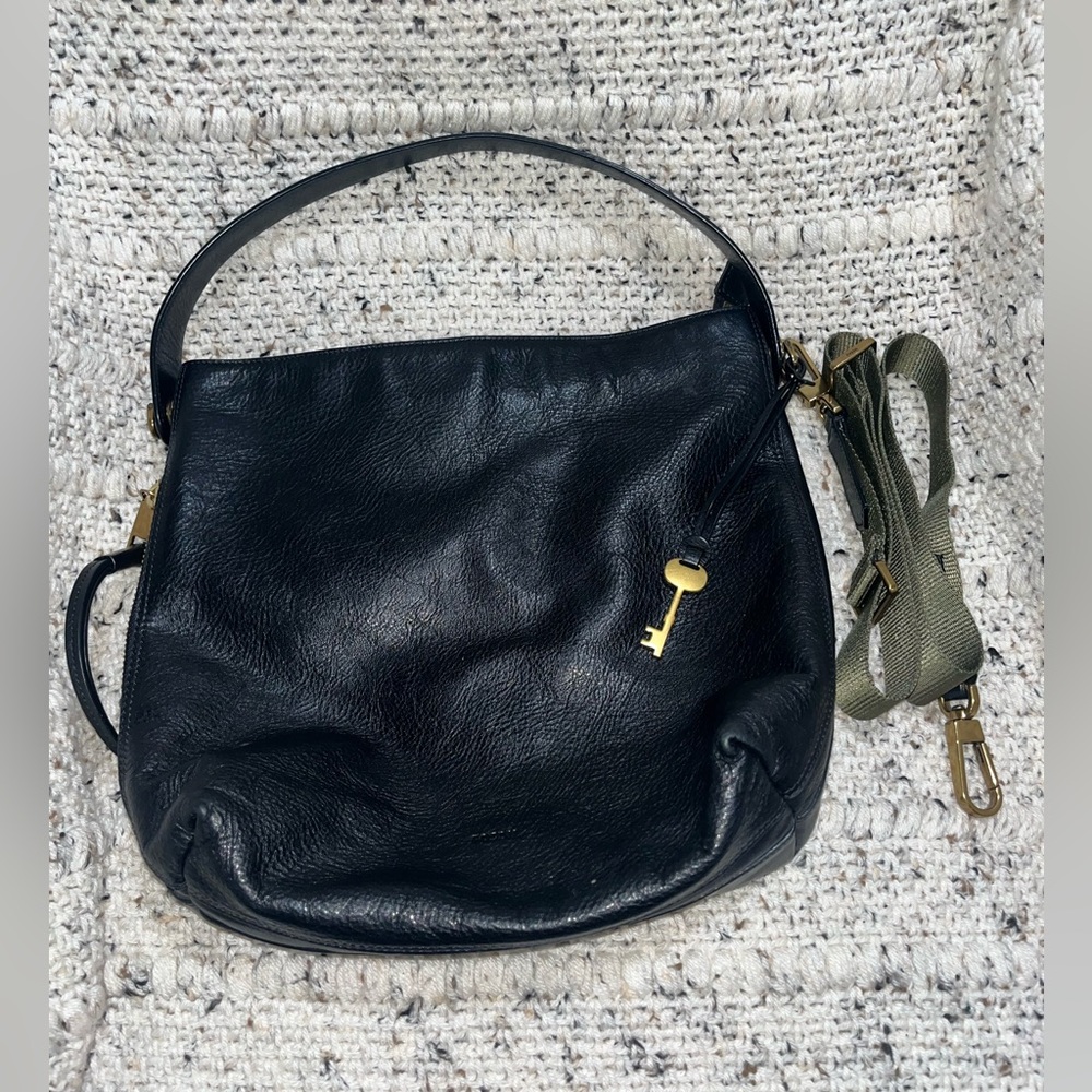 Fossil Black Leather Shoulder Bag with Key Charm & extra strap